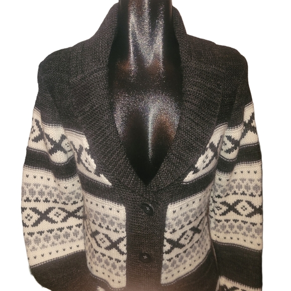 Sansara Black & White Wool Blend Fair Isle Cowichan Style Cardigan M - Picture 2 of 7